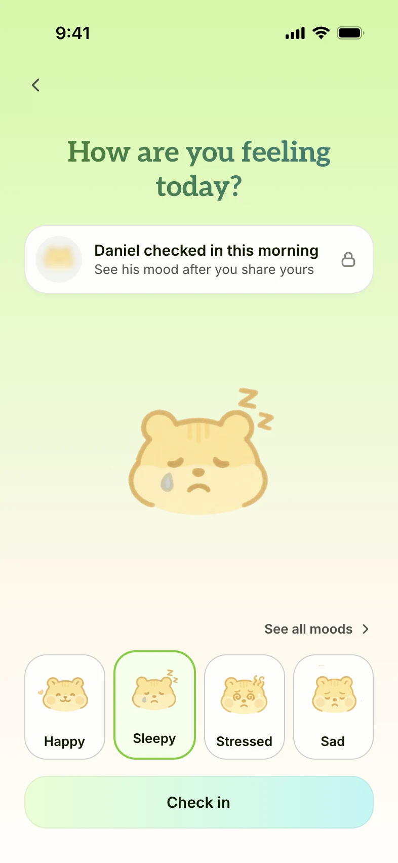 Check in: how are you feeling today, with your partner's mood hidden until you share yours