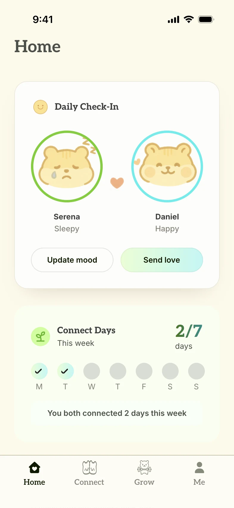 Home after both check in: both moods revealed, streak 2